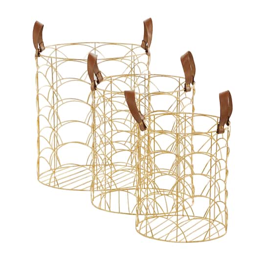 CosmoLiving by Cosmopolitan Gold Metal Storage Basket with Faux Leather Handles Set of 3 16", 14